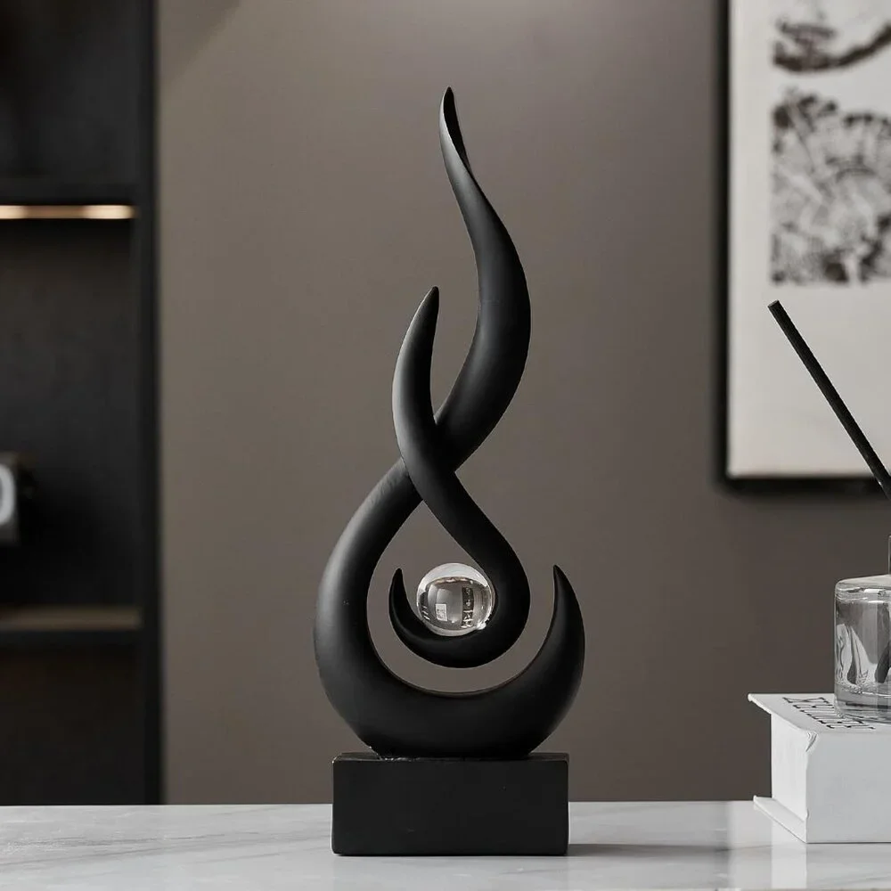 Home Decor Black Statue With Glass Ball Resin Art Figurines Unique Centrepiece